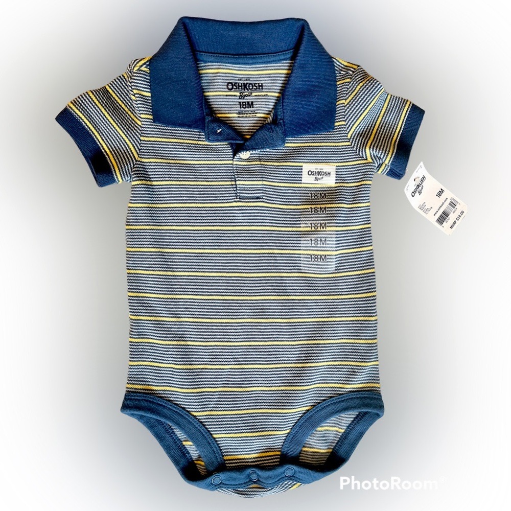 NWT Oshkosh B’gosh adorable striped blue and yellow baby boy 18m onsie
